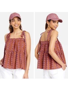 Universal Thread Printed Tie-Shoulder Peplum Tank - Pink & Orange